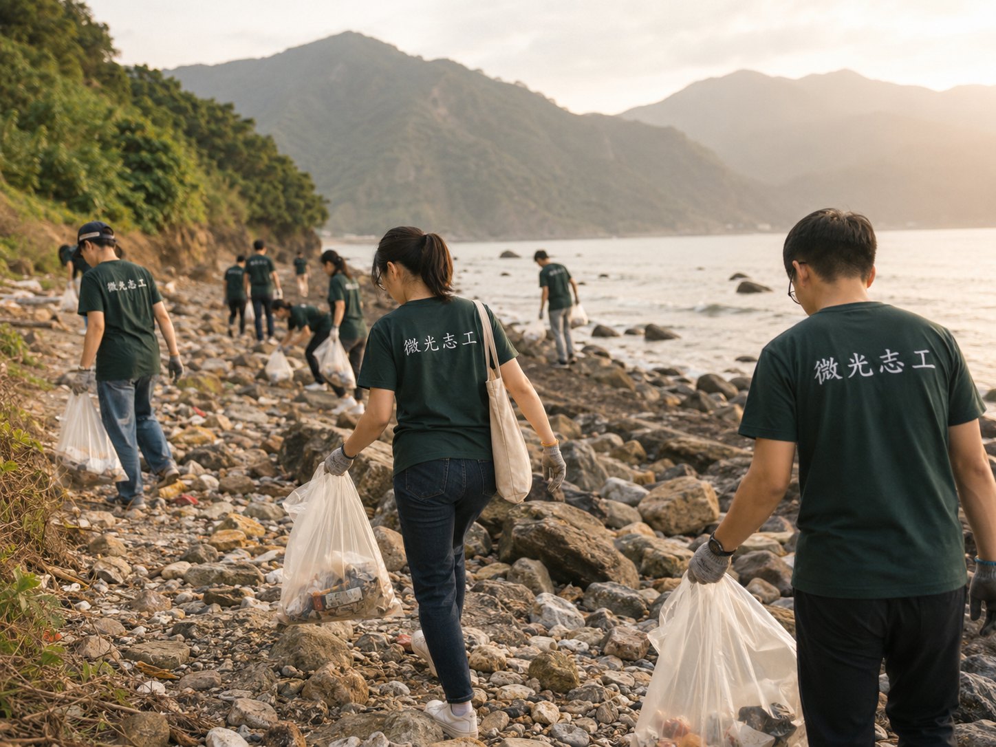志工在台灣海岸撿拾垃圾進行淨灘
