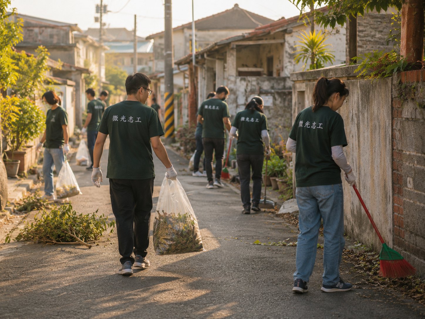 志工在台灣社區巷弄中整理環境
