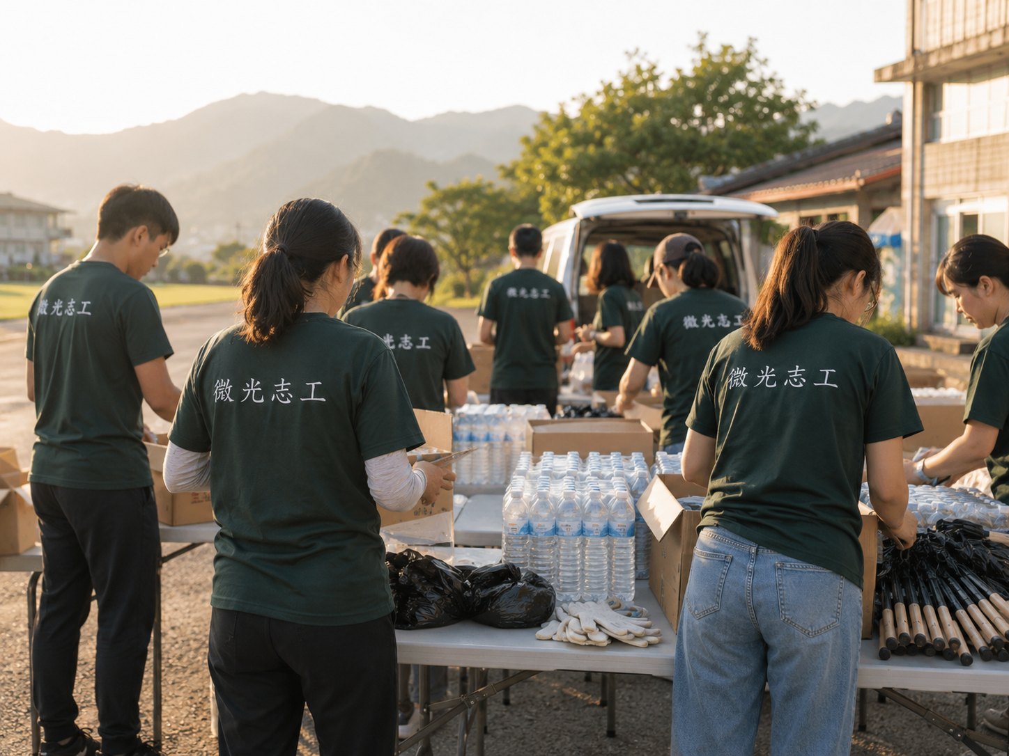 志工在服務前整理物資、飲用水與手套